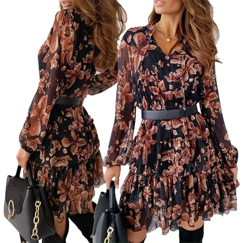 Women Floral Print Pleated Dress V-neck Long Sleeve Ruffled A-line Wrapped Dress Spring Summer Vacation Beach Dresses Streetwear