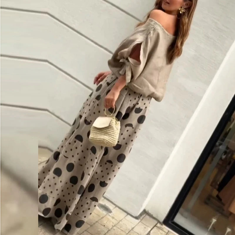 Fashion High Street Outfits Casual Diagonal Neck Hollow Top with Wide Leg Pants Sets Summer Loose Polka Dot Printed Women Suit