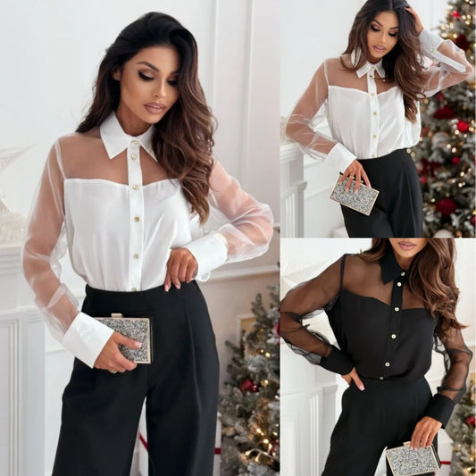 Women's White Blouses 2025 New Spring Elegant Casual Black Lapel Long Sleeve Mesh Patchwork Shirts For Women Work Fashion Tops