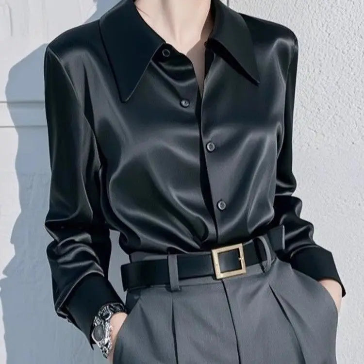 Ele Long Sve Satin irt Women's  Collar Versatile Slimming Profional Top for Early Spring Commute Faion