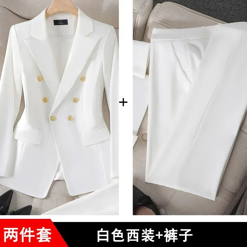 Elegant 2 Piece Set Women's Clothing Double-breasted  Blazer Coat High Waist Straight  Pants Suit Korean Femme Office Outfits