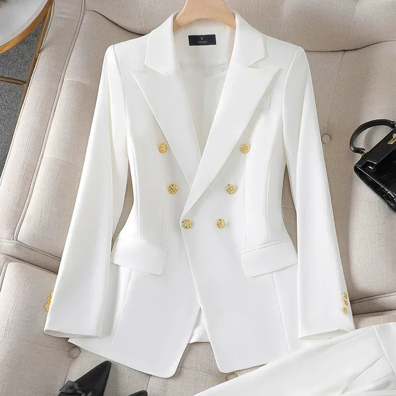 Elegant 2 Piece Set Women's Clothing Double-breasted  Blazer Coat High Waist Straight  Pants Suit Korean Femme Office Outfits