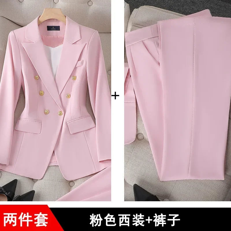Elegant 2 Piece Set Women's Clothing Double-breasted  Blazer Coat High Waist Straight  Pants Suit Korean Femme Office Outfits