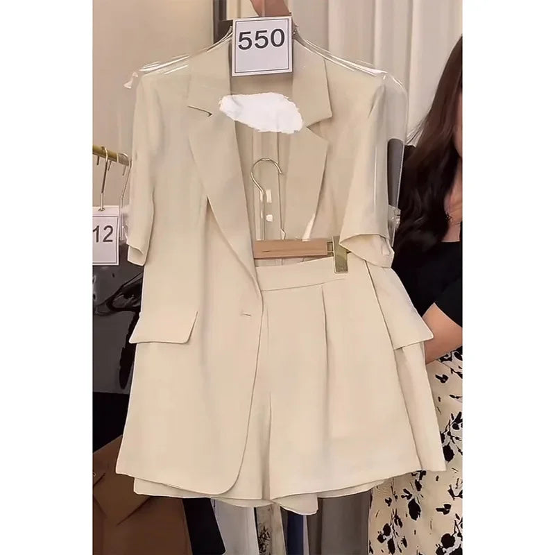 Millet White Short Sleeve Suit Set Women Summer New Style Elegant Thin Short Sleeve Suit Shorts Two Piece Set Polyester Fiber