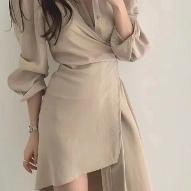 French Tea Break Shirt Dress Asymmetrical Waist Cinching Belly Covering Slimming Skirt Design Sensation Spring Autumn Dress