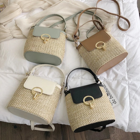 1 Pcs Beach Vacation Woven Women's New Fashion Trend Korean Version Versatile Fashion Handheld Crossbody Bucket Bag