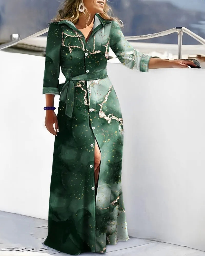 2025 Spring New Fashion Long Sleeved Print Lace-Up Shirt Dress For Women Turn Down Collar Single Breasted Maxi Dress Femme Robe
