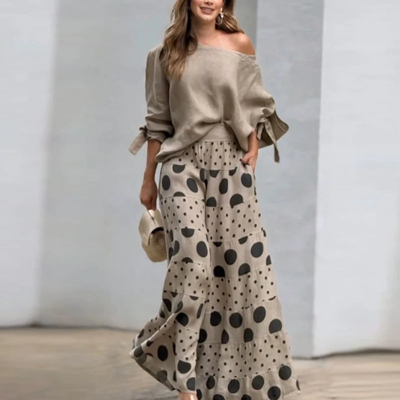 Fashion High Street Outfits Casual Diagonal Neck Hollow Top with Wide Leg Pants Sets Summer Loose Polka Dot Printed Women Suit