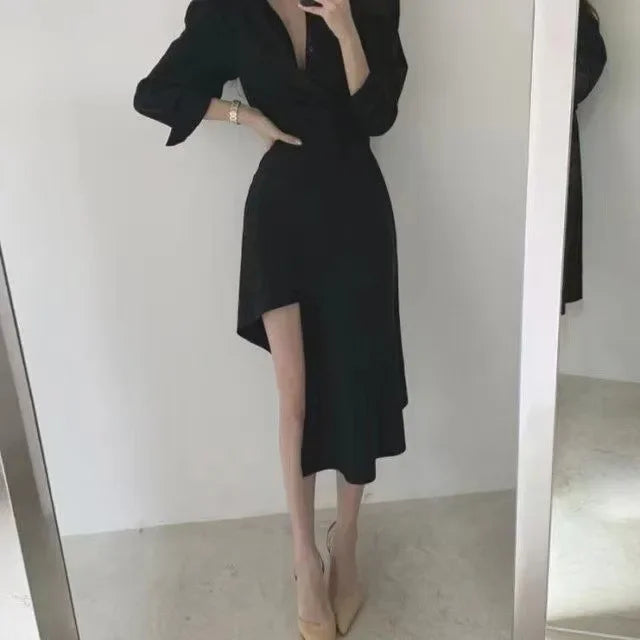 French Tea Break Shirt Dress Asymmetrical Waist Cinching Belly Covering Slimming Skirt Design Sensation Spring Autumn Dress