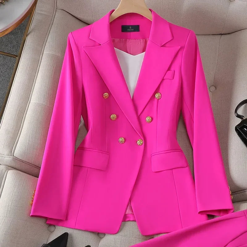 Elegant 2 Piece Set Women's Clothing Double-breasted  Blazer Coat High Waist Straight  Pants Suit Korean Femme Office Outfits