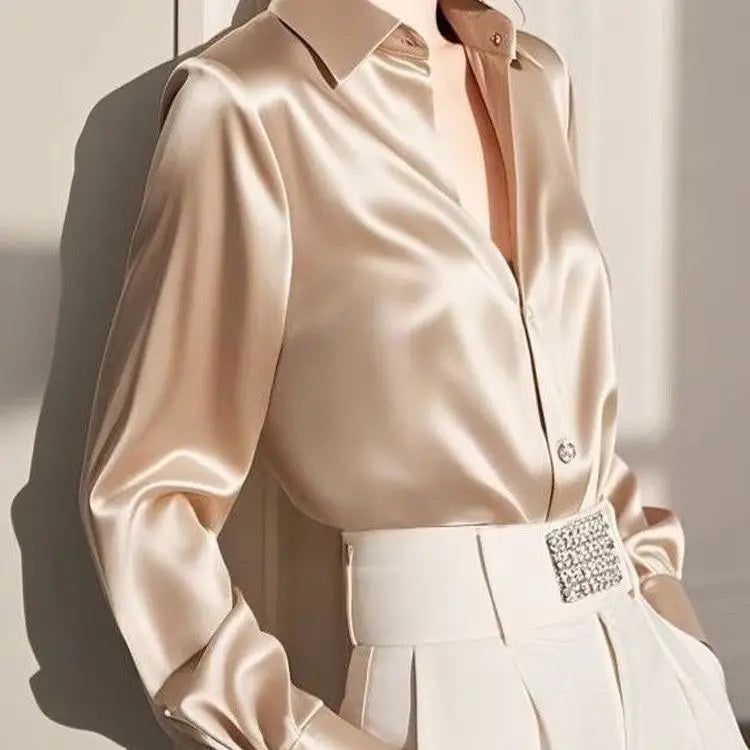Ele Long Sve Satin irt Women's  Collar Versatile Slimming Profional Top for Early Spring Commute Faion