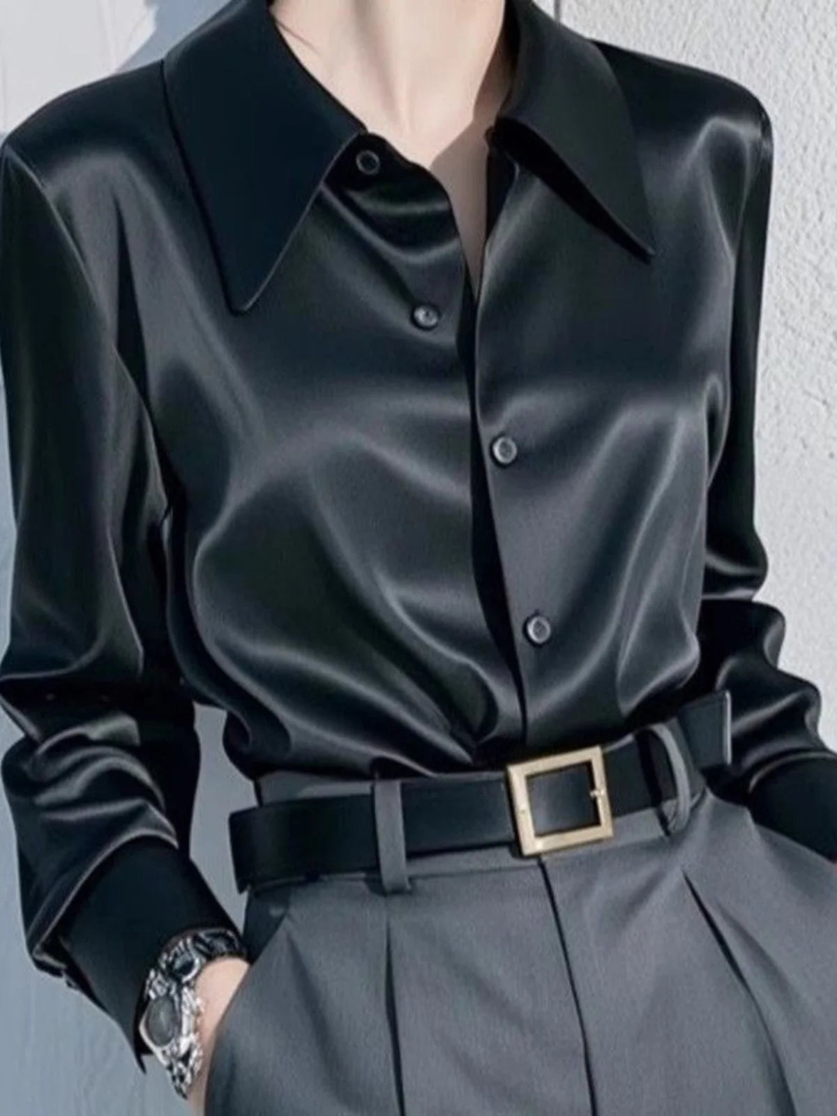 Ele Long Sve Satin irt Women's  Collar Versatile Slimming Profional Top for Early Spring Commute Faion
