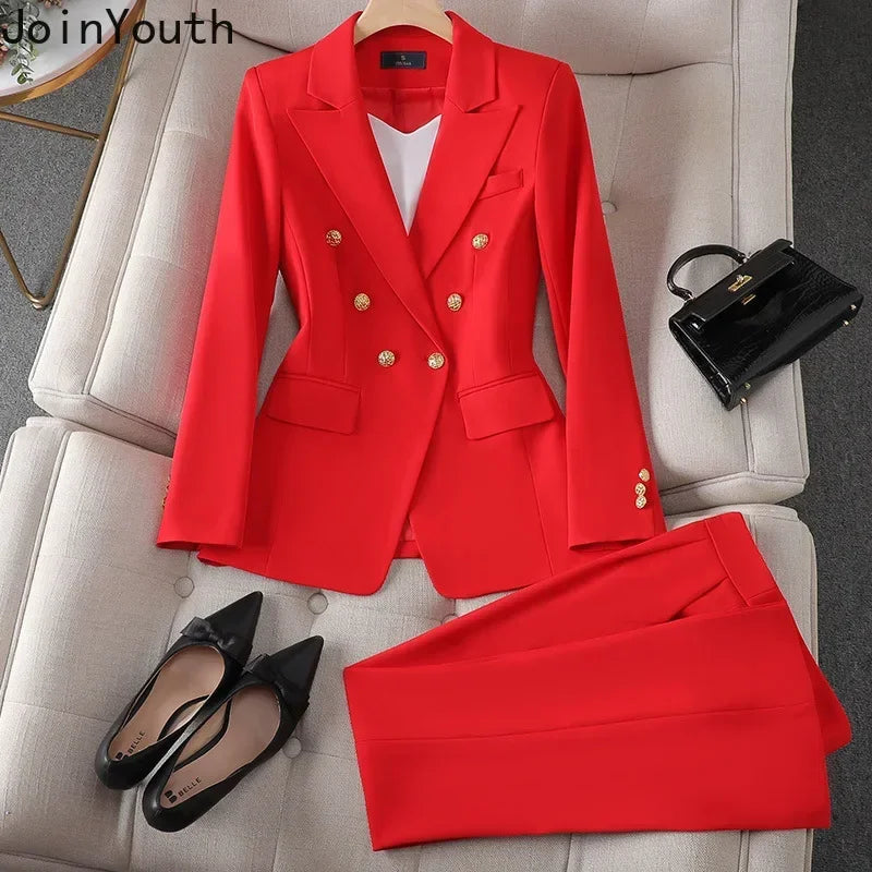 Elegant 2 Piece Set Women's Clothing Double-breasted  Blazer Coat High Waist Straight  Pants Suit Korean Femme Office Outfits
