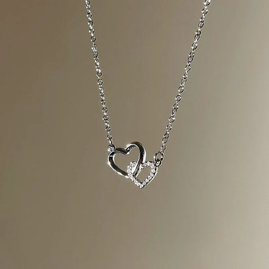 Romantic Simple Double Heart Pendant Necklace for Women Exquisite Crystal Pendant Silver Color Clavicle Chain Wedding Jewelry