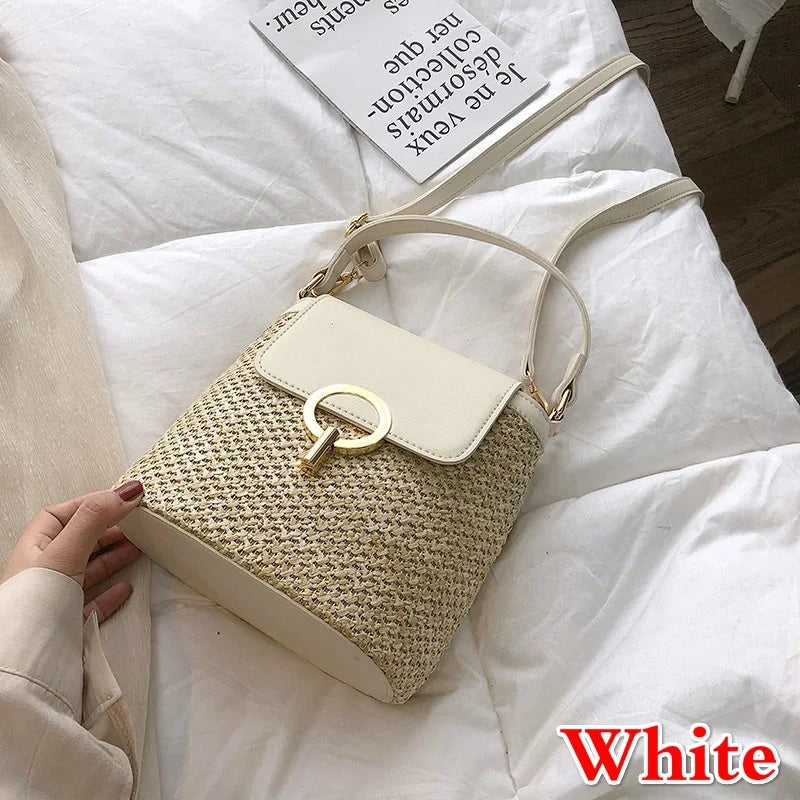 1 Pcs Beach Vacation Woven Women's New Fashion Trend Korean Version Versatile Fashion Handheld Crossbody Bucket Bag