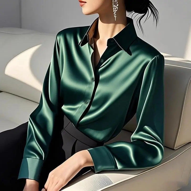 Ele Long Sve Satin irt Women's  Collar Versatile Slimming Profional Top for Early Spring Commute Faion