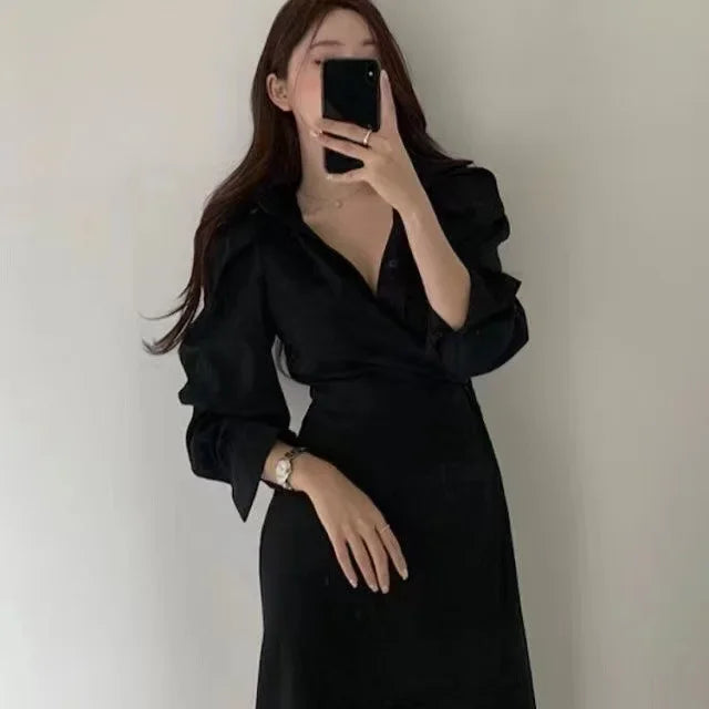 French Tea Break Shirt Dress Asymmetrical Waist Cinching Belly Covering Slimming Skirt Design Sensation Spring Autumn Dress
