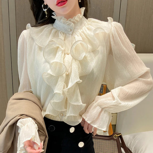 New Elegant Autumn Women's Solid Color Long Sleeve Shirt Lace Office Casual Flared Sleeve Half Turtleneck Top 12946