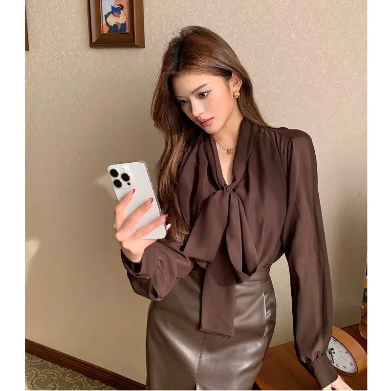 Women's Spring Summer Brown Chiffon Blouse Bow Tie Collar Oversized Tops Female Elegant Shirts Female 2025