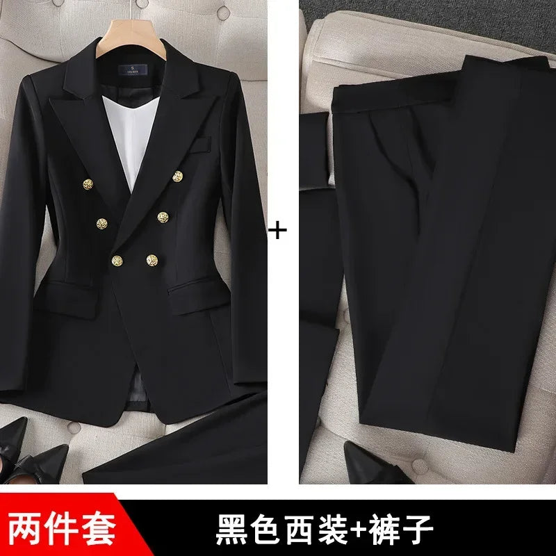 Elegant 2 Piece Set Women's Clothing Double-breasted  Blazer Coat High Waist Straight  Pants Suit Korean Femme Office Outfits