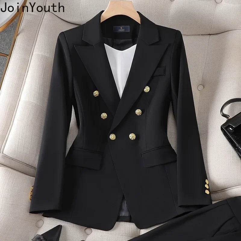 Elegant 2 Piece Set Women's Clothing Double-breasted  Blazer Coat High Waist Straight  Pants Suit Korean Femme Office Outfits