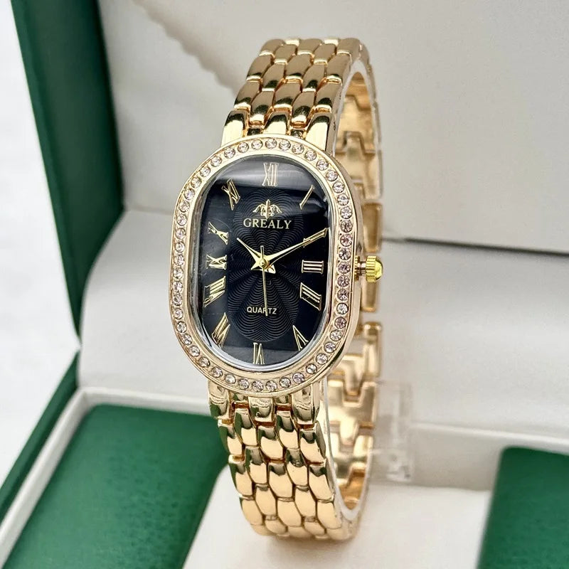 Ladies Watches Fashion Luxury Wrist Watch Diamond Encrusted Oval Roman Numeral Dial Couple Quartz Watch Women Clock Gifts