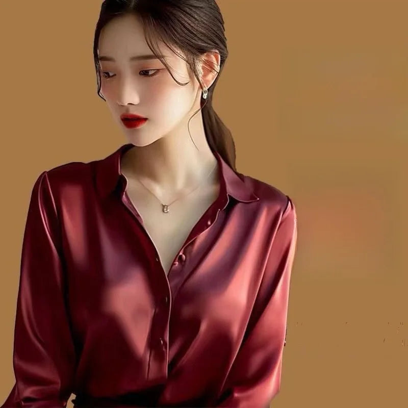 Ele Long Sve Satin irt Women's  Collar Versatile Slimming Profional Top for Early Spring Commute Faion