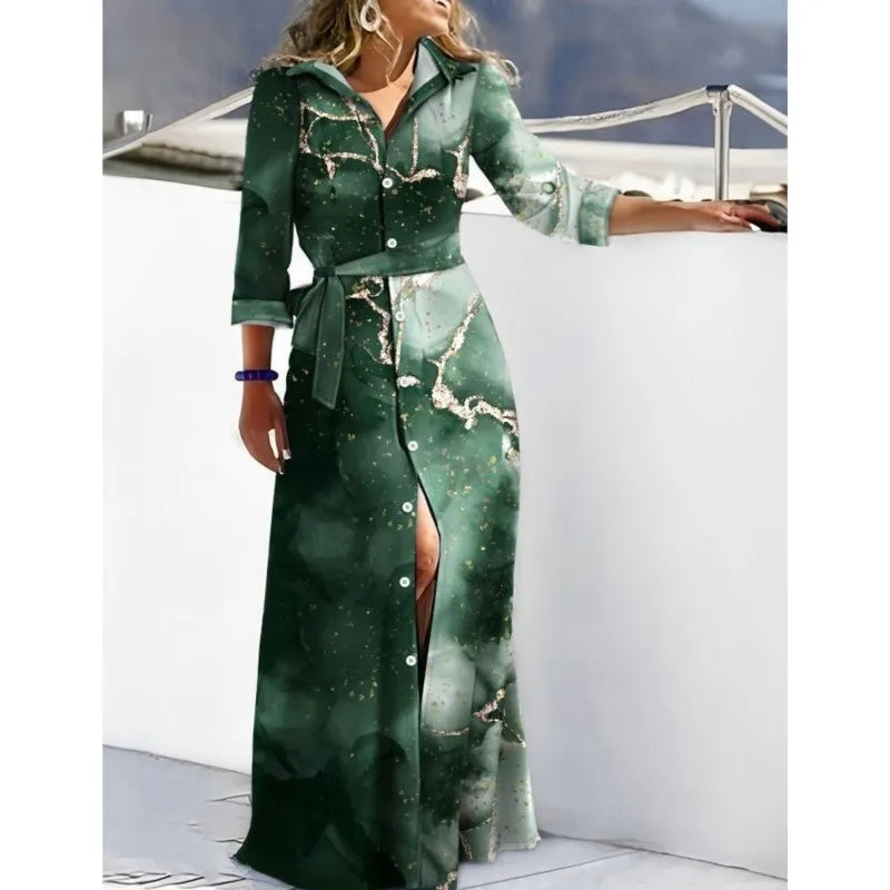 2025 Spring New Fashion Long Sleeved Print Lace-Up Shirt Dress For Women Turn Down Collar Single Breasted Maxi Dress Femme Robe