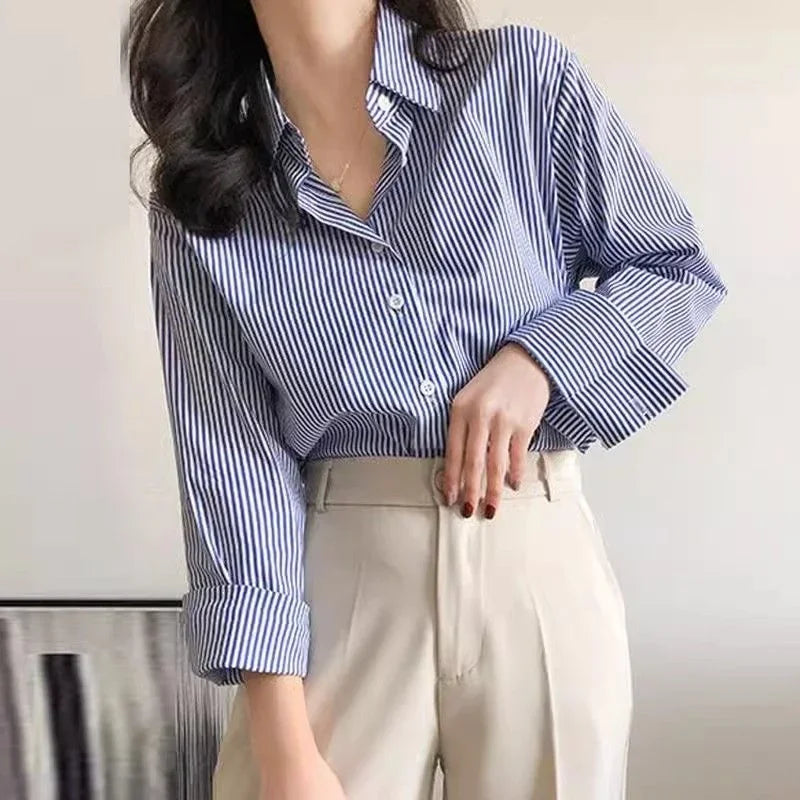 AOSSVIAO 2025 Classic Striped Woman Spring Autumn Blouses Shirt Lady Long Lantern Sleeve Stand Collar Loose Blusas Tops