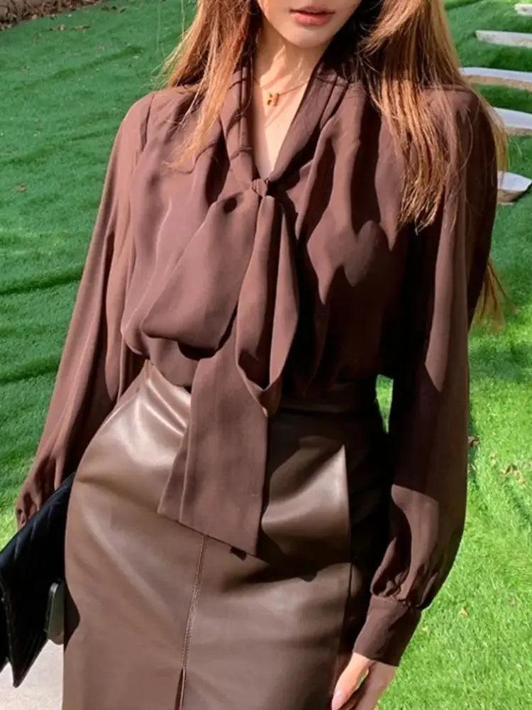 Women's Vintage Chiffon Blouse Casual Work Top Elegant Loose Chiffon Business Shirt with Bow
