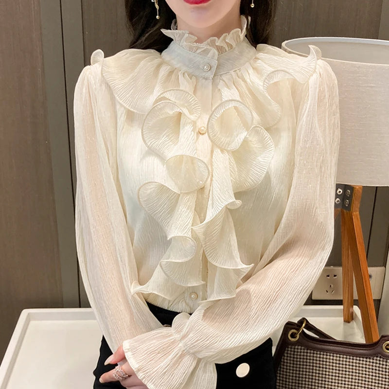 New Elegant Autumn Women's Solid Color Long Sleeve Shirt Lace Office Casual Flared Sleeve Half Turtleneck Top 12946