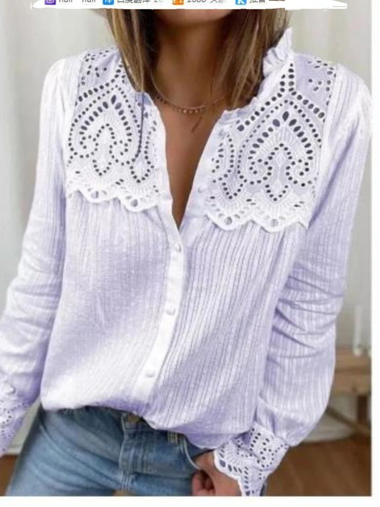 Casual round Ne Lace Patchwork irt Women's Long Sve Street Sle Polyester Fabric Cool Sensation Regular Fit T-irt