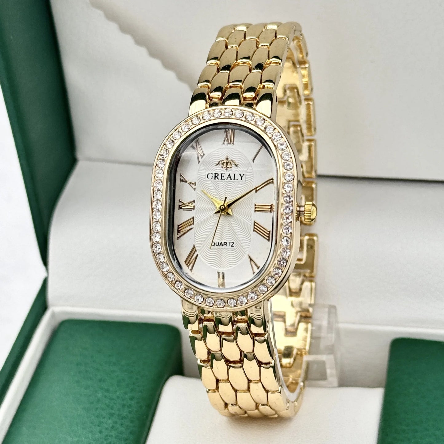Ladies Watches Fashion Luxury Wrist Watch Diamond Encrusted Oval Roman Numeral Dial Couple Quartz Watch Women Clock Gifts