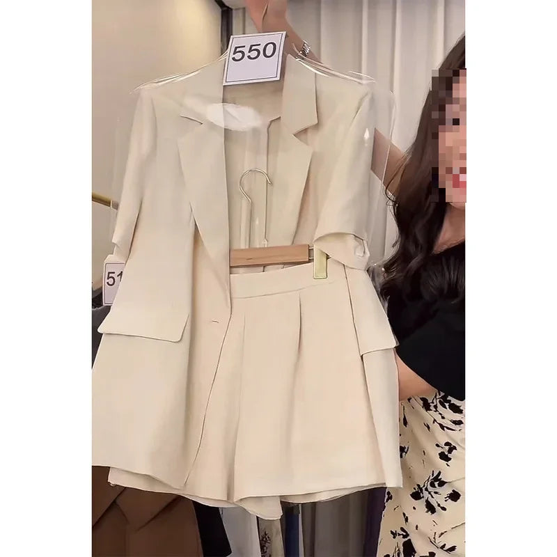 Millet White Short Sleeve Suit Set Women Summer New Style Elegant Thin Short Sleeve Suit Shorts Two Piece Set Polyester Fiber