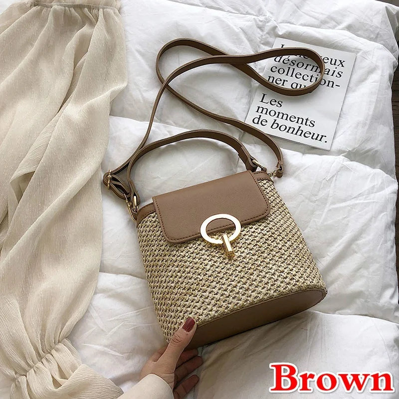 1 Pcs Beach Vacation Woven Women's New Fashion Trend Korean Version Versatile Fashion Handheld Crossbody Bucket Bag