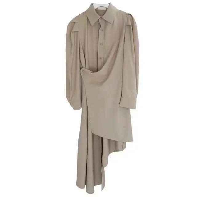 French Tea Break Shirt Dress Asymmetrical Waist Cinching Belly Covering Slimming Skirt Design Sensation Spring Autumn Dress