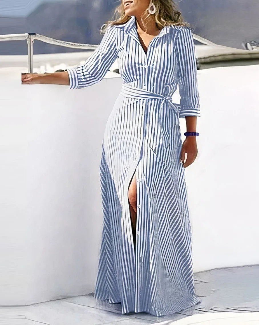 2025 Spring New Fashion Long Sleeved Print Lace-Up Shirt Dress For Women Turn Down Collar Single Breasted Maxi Dress Femme Robe