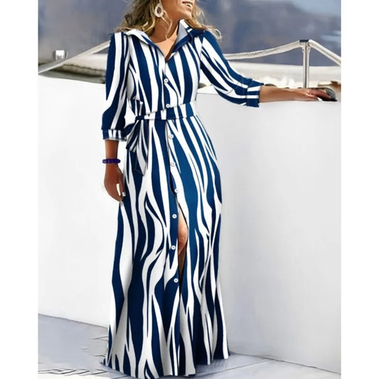 2025 Spring New Fashion Long Sleeved Print Lace-Up Shirt Dress For Women Turn Down Collar Single Breasted Maxi Dress Femme Robe