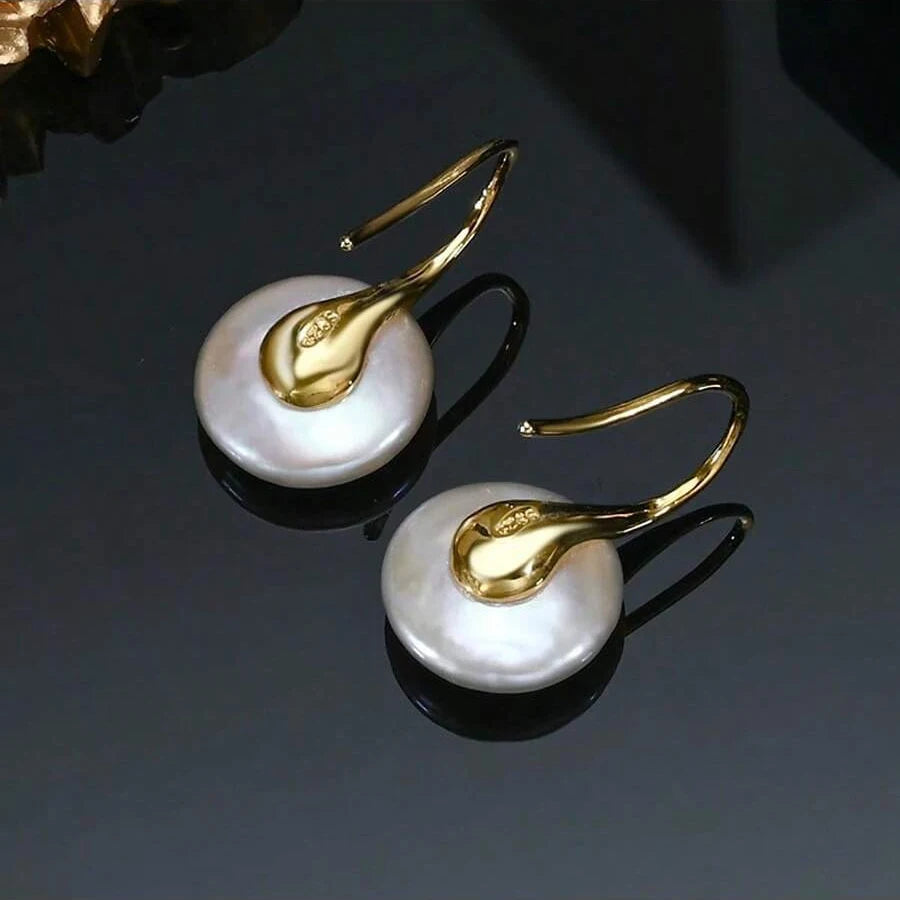 Natural 12MM Freshwater Pearl 925 Sterling Silver Hook Dangle Earrings For Women Fashion Temperament Jewelry Gifts