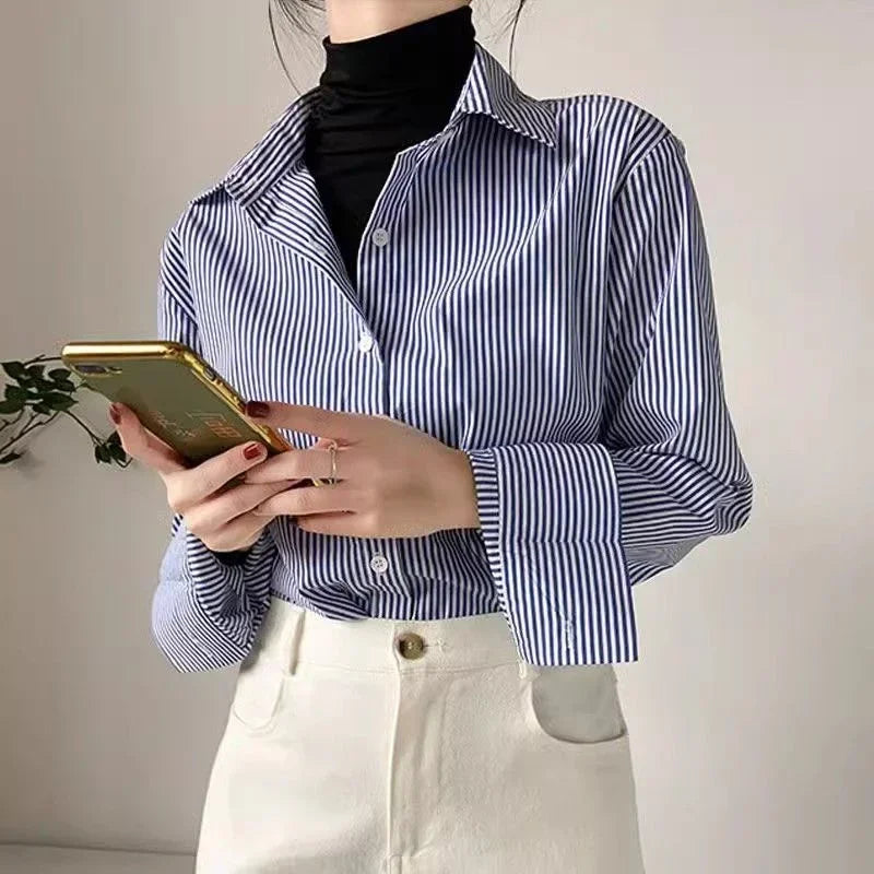 AOSSVIAO 2025 Classic Striped Woman Spring Autumn Blouses Shirt Lady Long Lantern Sleeve Stand Collar Loose Blusas Tops