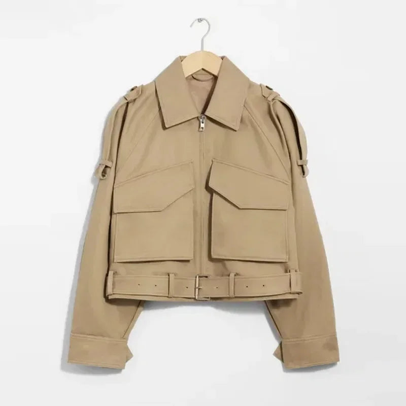Zipper Lapel Women Coat Full Sleeve Pocket Lady Jacket 2025 Fashion Vintage Elegant All Match Autumn Loose Female Outwear