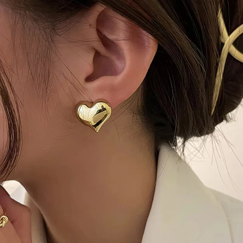 FTCY Gold Color Metal Heart Stud Earrings for Women Simple Design Trendy Elegant Wedding Bride Jewelry Girl Gift