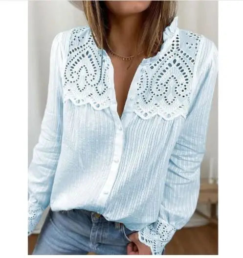 Casual round Ne Lace Patchwork irt Women's Long Sve Street Sle Polyester Fabric Cool Sensation Regular Fit T-irt