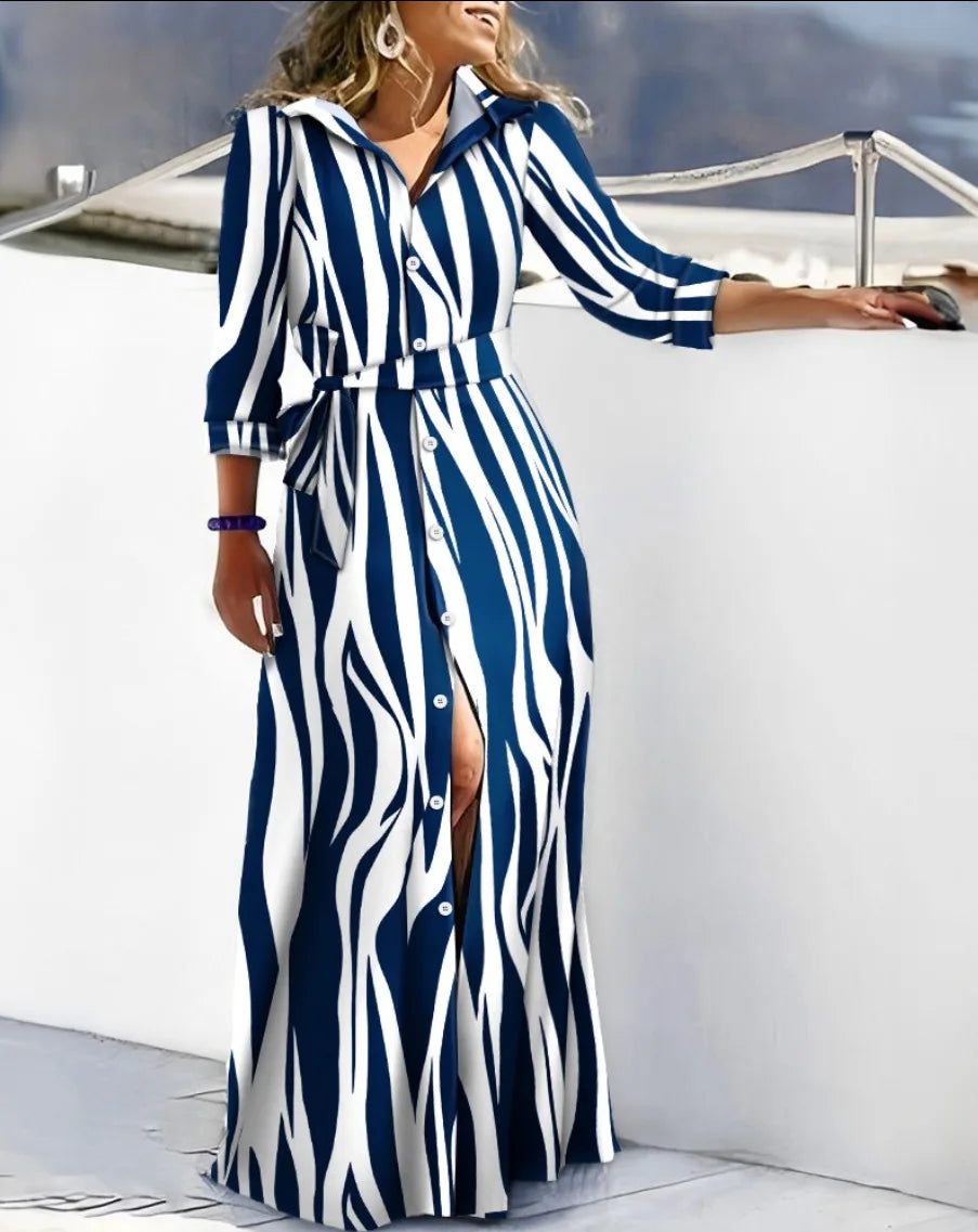 2025 Spring New Fashion Long Sleeved Print Lace-Up Shirt Dress For Women Turn Down Collar Single Breasted Maxi Dress Femme Robe