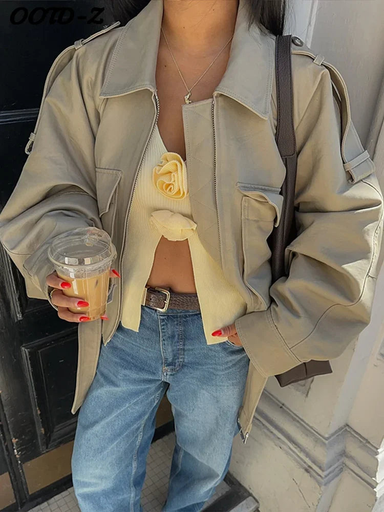 Zipper Lapel Women Coat Full Sleeve Pocket Lady Jacket 2025 Fashion Vintage Elegant All Match Autumn Loose Female Outwear