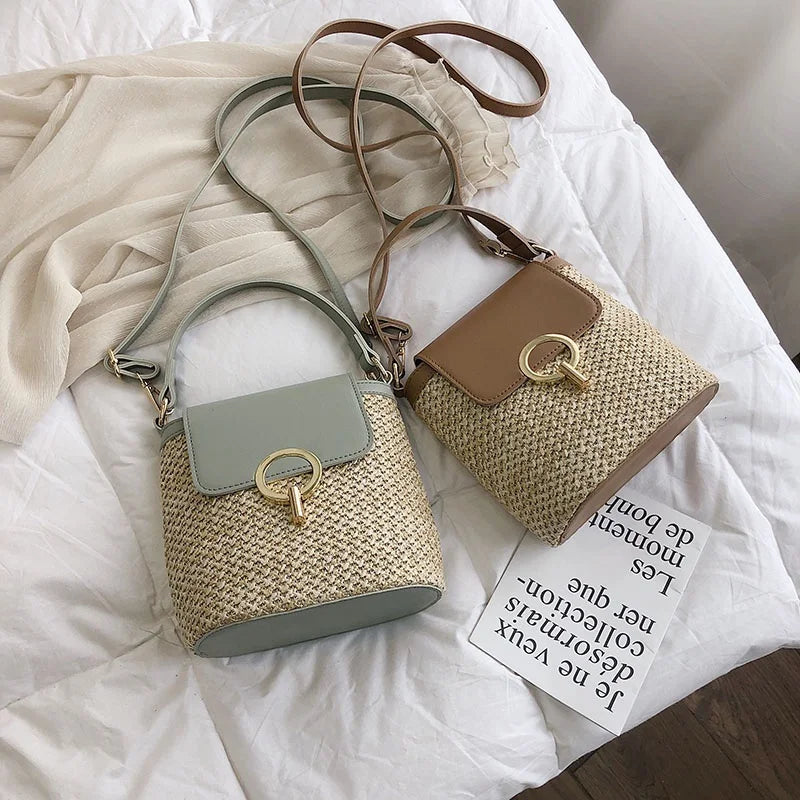 1 Pcs Beach Vacation Woven Women's New Fashion Trend Korean Version Versatile Fashion Handheld Crossbody Bucket Bag