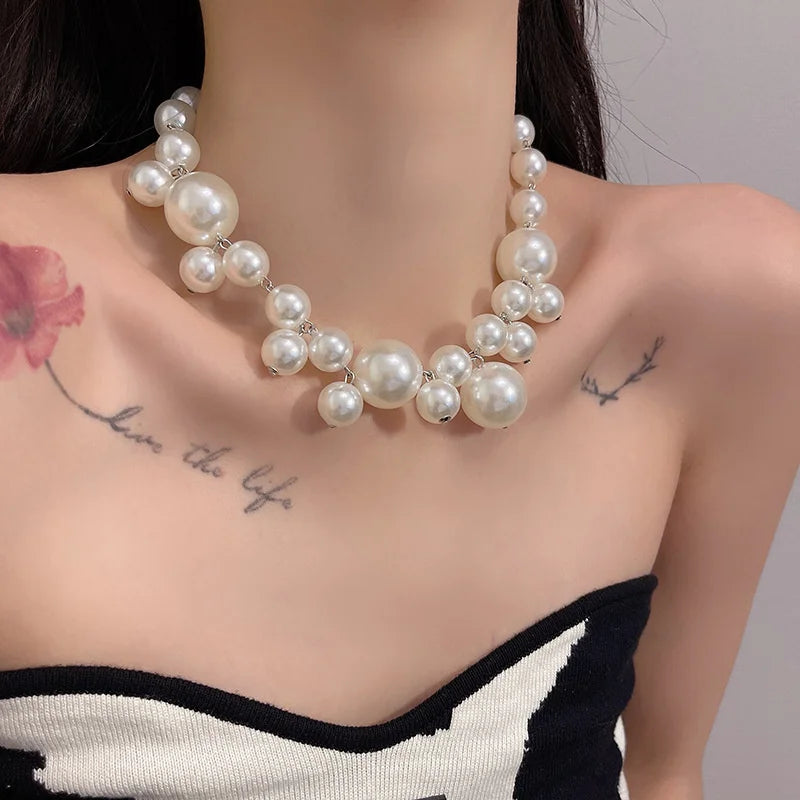 Hyperbole Bead Pearls Necklace Collarbone Chain Women's Elegant Pendant Big Necklace Bride Jewelry