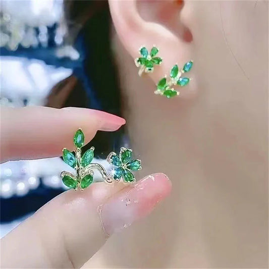Retro Green Rhinestone Leaf Flower Stud Earrings for Women New Fashion Personality Temperament Girls Daily Wear Trendy Jewelry