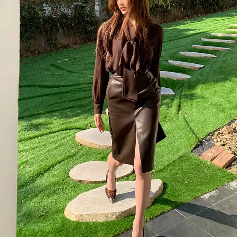 Women's Spring Summer Brown Chiffon Blouse Bow Tie Collar Oversized Tops Female Elegant Shirts Female 2025