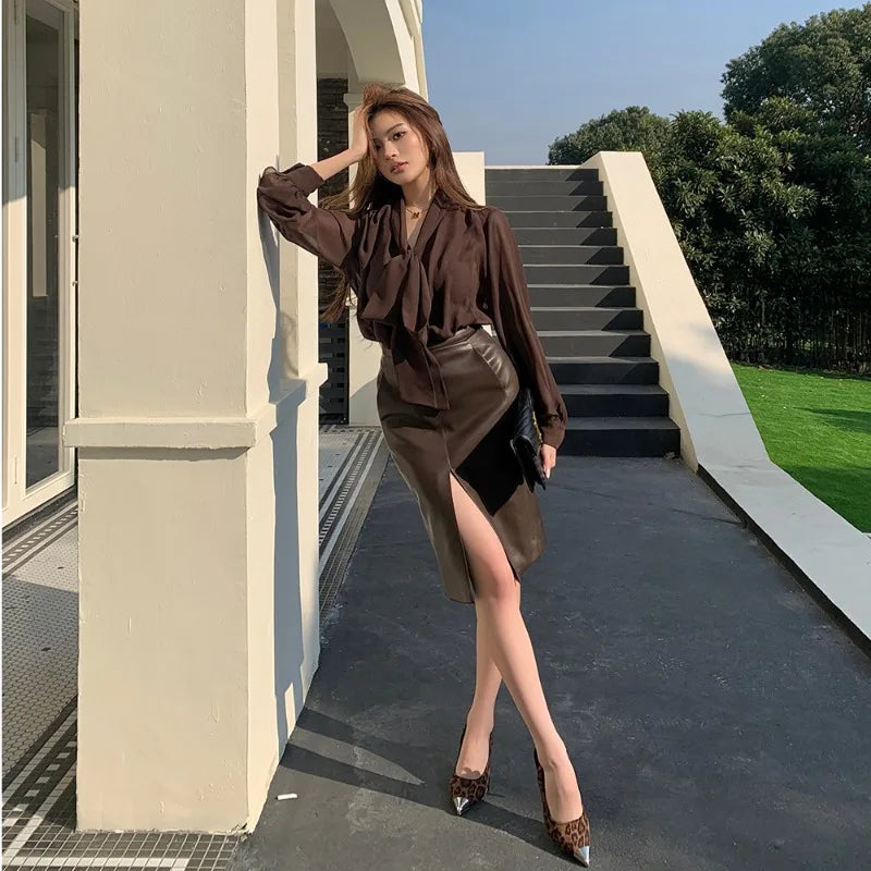 Women's Spring Summer Brown Chiffon Blouse Bow Tie Collar Oversized Tops Female Elegant Shirts Female 2025
